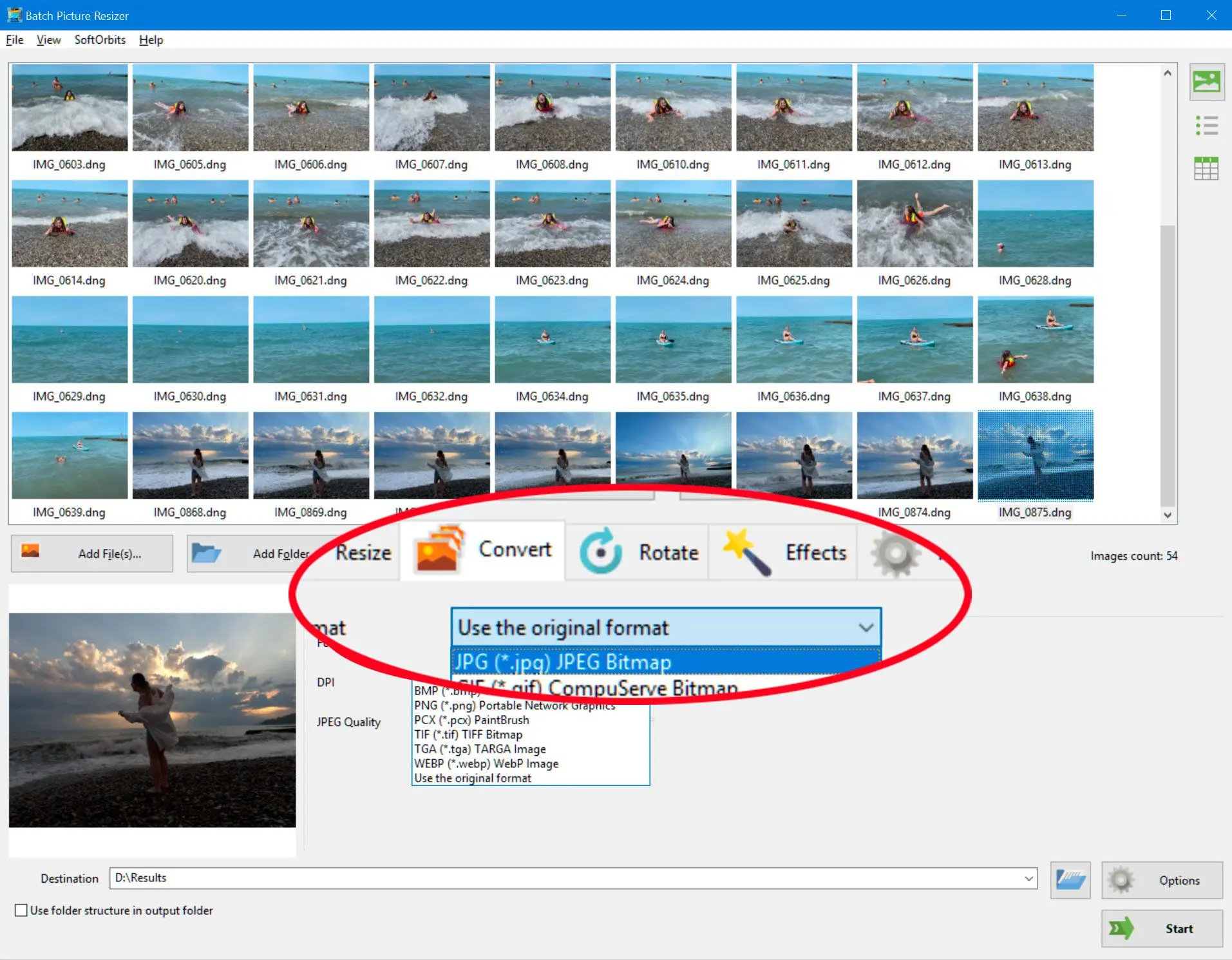  select JPG as the output format..