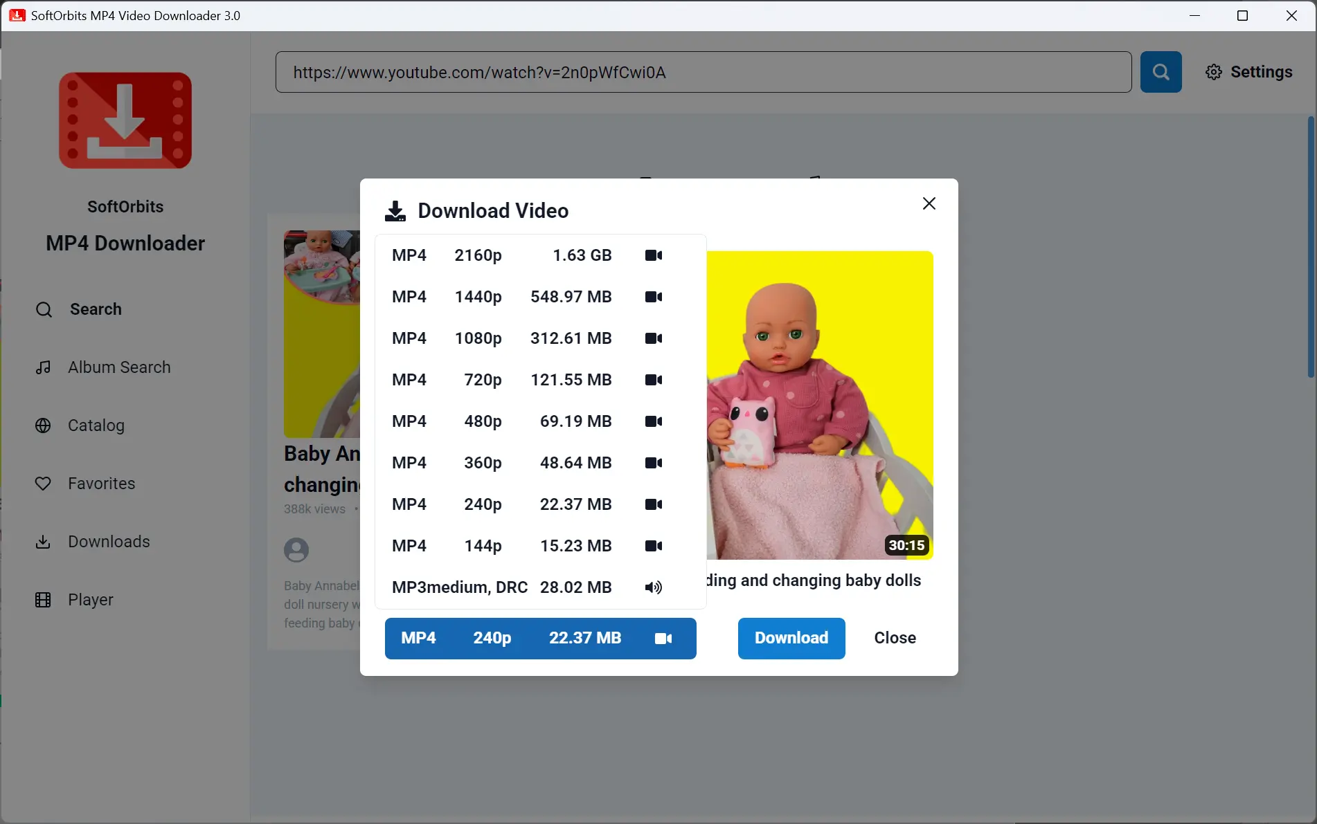 SoftOrbits downloader screenshot: choose video quality..