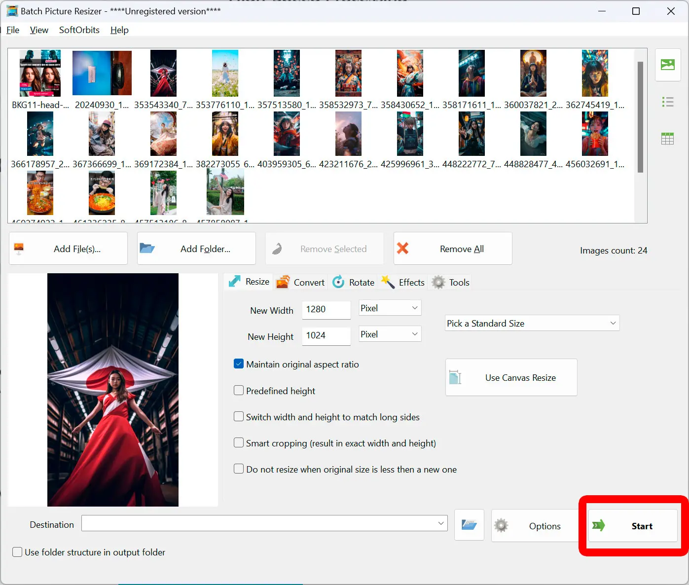 Start the resizing.